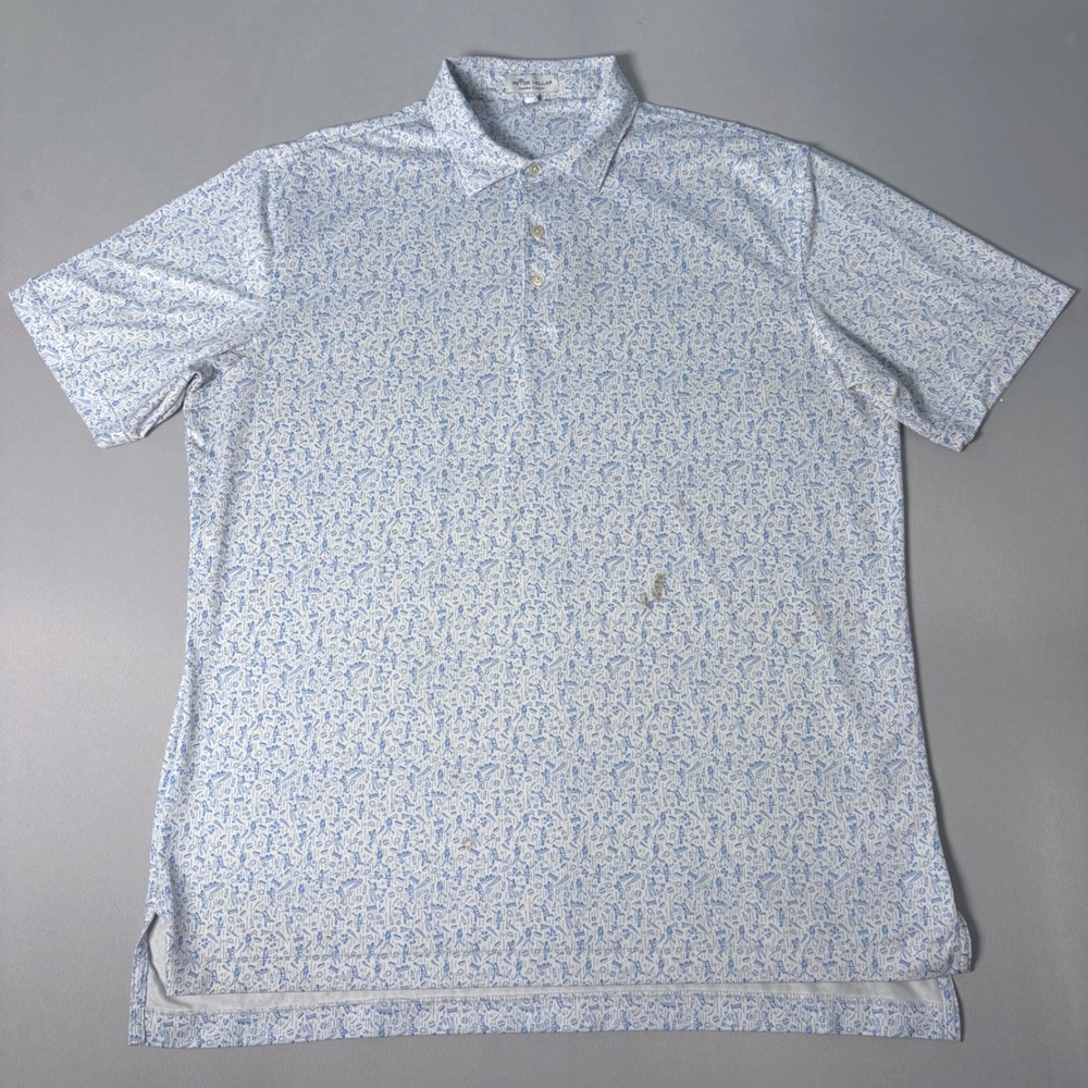 Peter Millar Summer Comfort Baseball Print Polo Shirt Blue White Mens Large L
